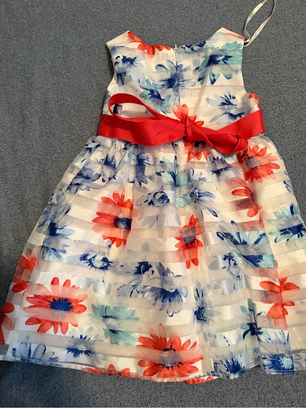Girls Floral Ribbon Sash Dress - White with Coral & Navy - Picture 4 of 5